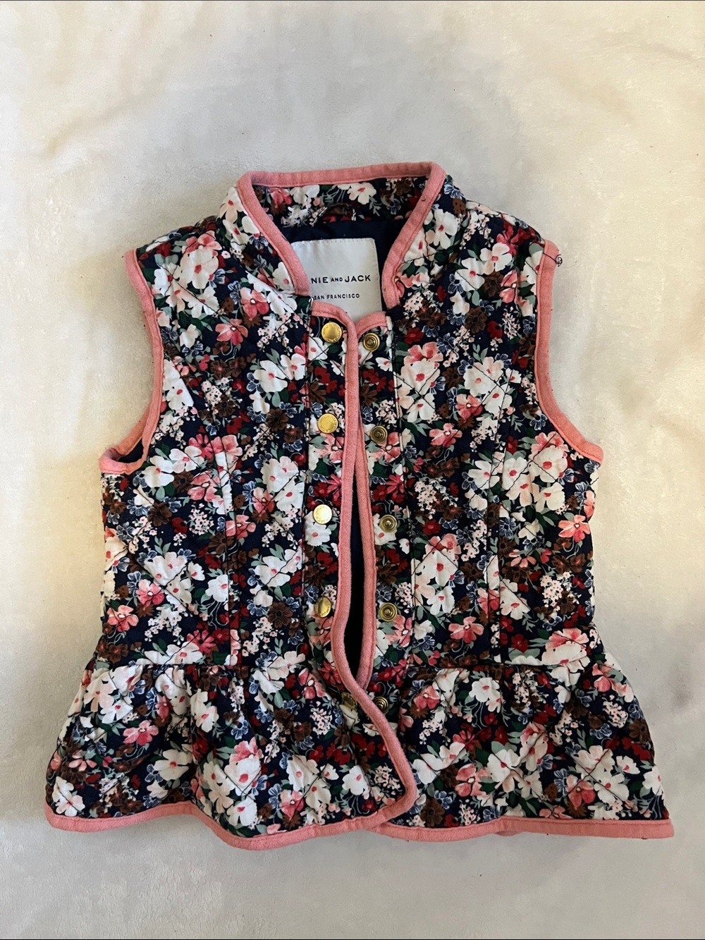 Janie and Jack Navy Floral Quilted Vest with Pink Trim
